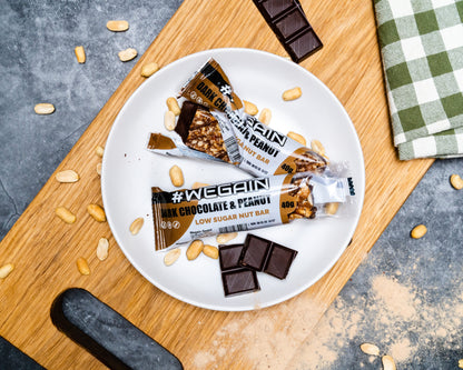 #WEGAIN Dark Chocolate & Peanut Low Sugar Nut Bar 40g - Tray a 12 Riegel